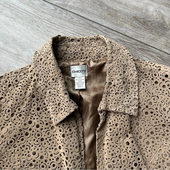 Chico's Tan Genuine Leather Laser Cutout Long Sleeve Open Front  Jacket - Picture 5 of 12